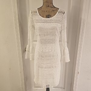 Alfani White Long Sleeve Crochet Dress